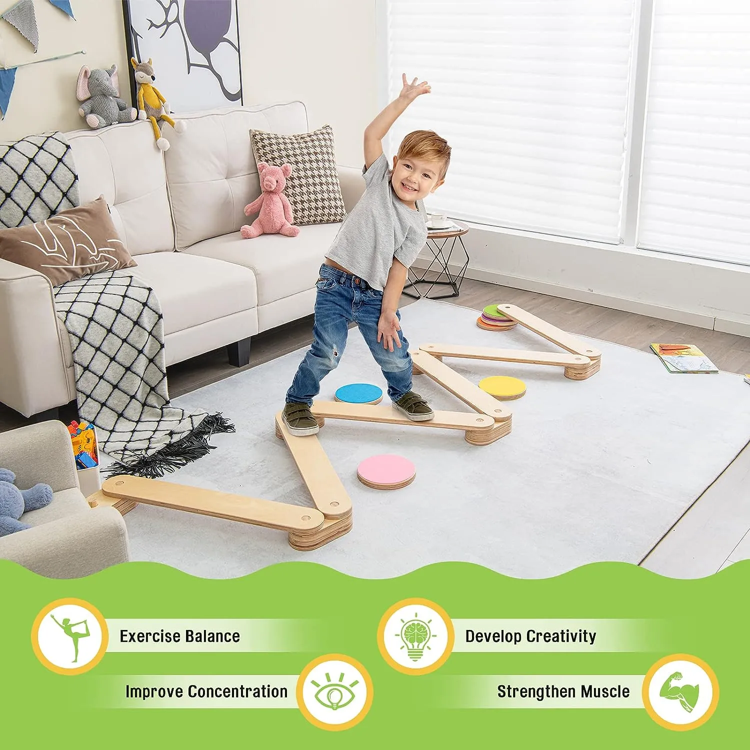 12 Piece Eco Wood Montessori Pikler Balance Beam | Stepping Stones & Disks | Natural | 3-7 Years