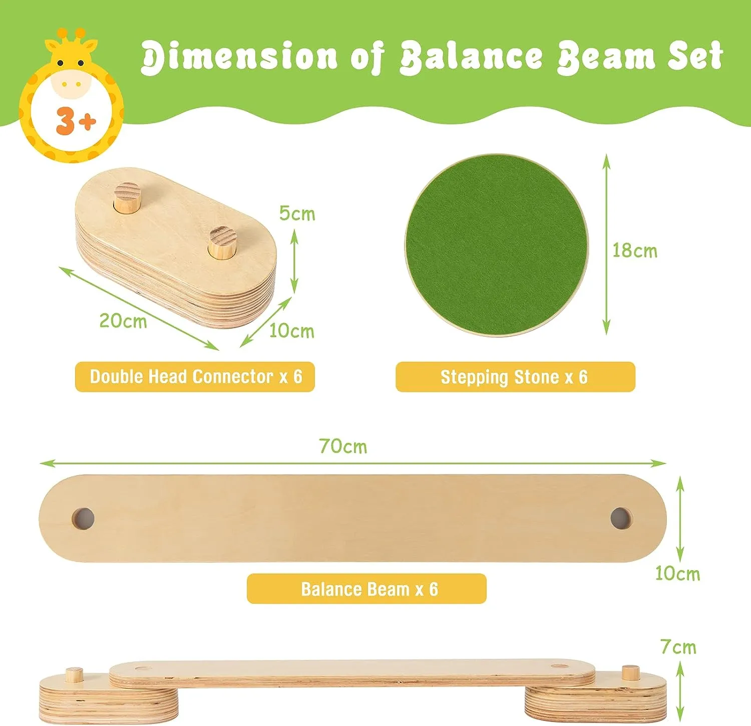 12 Piece Eco Wood Montessori Pikler Balance Beam | Stepping Stones & Disks | Natural | 3-7 Years