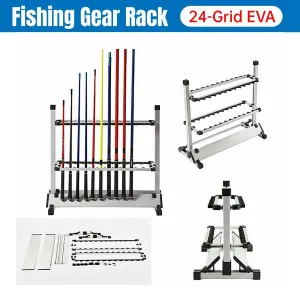 24 Hole Aluminum Alloy Fishing Rod Display Rack Portable Holder Gear Storage