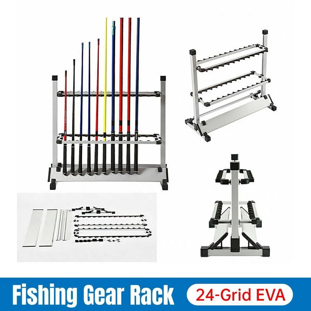 24 Hole Aluminum Alloy Fishing Rod Display Rack Portable Holder Gear Storage