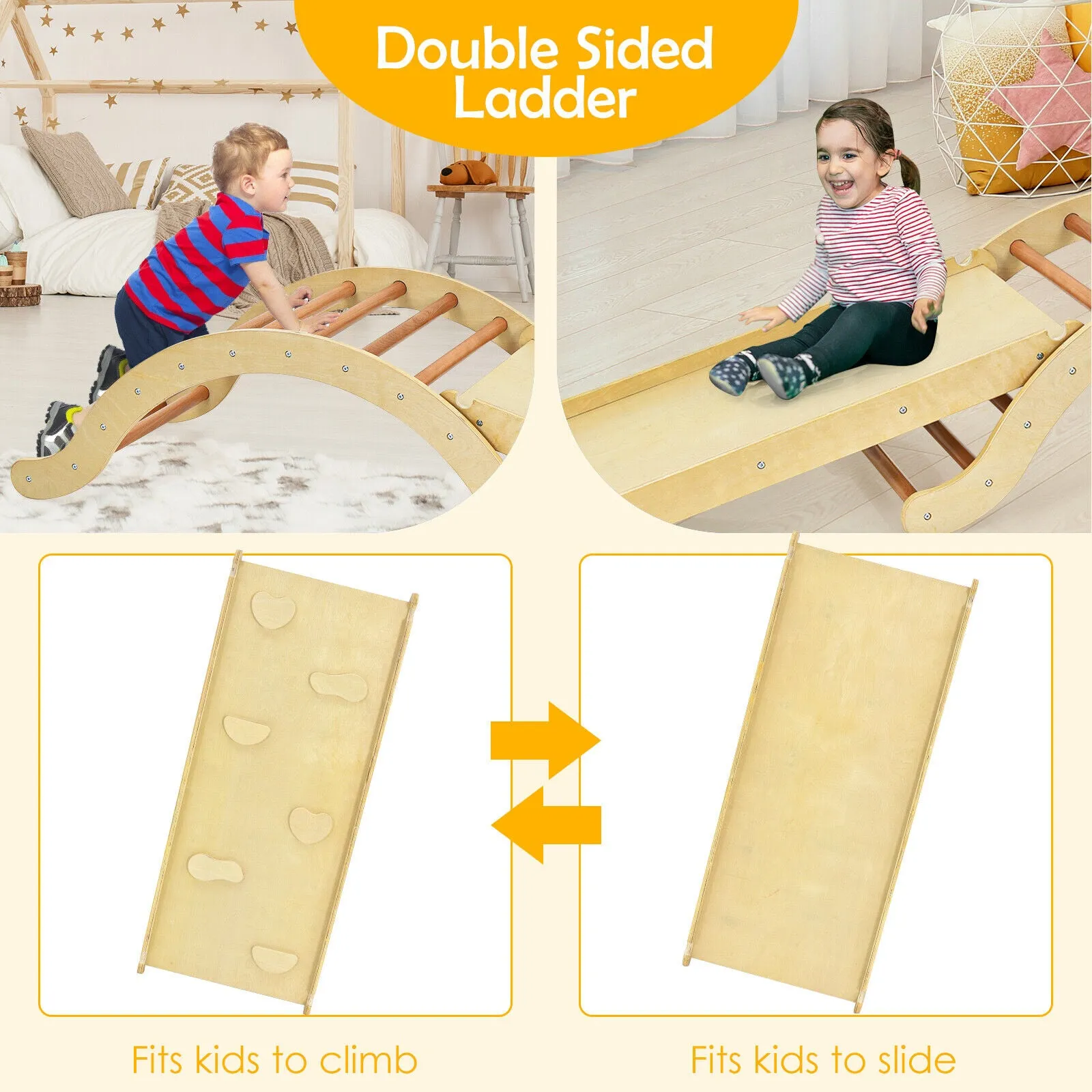 4-in-1 Children's Eco Wood Pikler Climbing Arch, Rocker Chair, Slide & Climber | Natural Wood