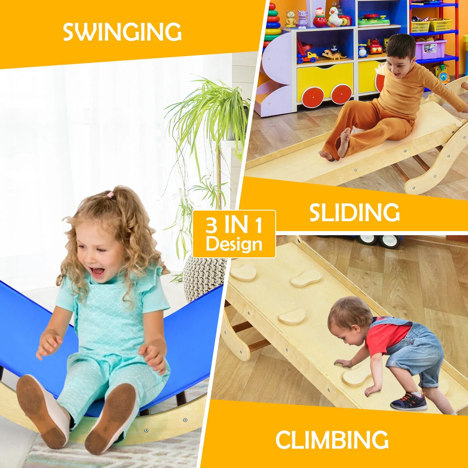 4-in-1 Children's Eco Wood Pikler Climbing Arch, Rocker Chair, Slide & Climber | Natural Wood