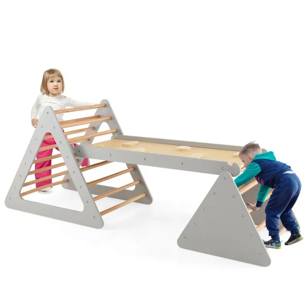 4-in-1 Deluxe Eco Montessori Pikler Triangle, Slide & Climbing Wall | Natural & Grey
