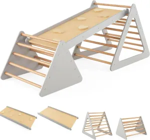 4-in-1 Deluxe Eco Montessori Pikler Triangle, Slide & Climbing Wall | Natural & Grey