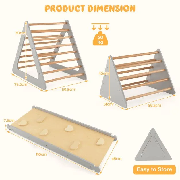 4-in-1 Deluxe Eco Montessori Pikler Triangle, Slide & Climbing Wall | Natural & Grey