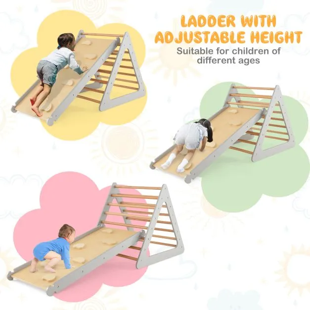 4-in-1 Deluxe Eco Montessori Pikler Triangle, Slide & Climbing Wall | Natural & Grey