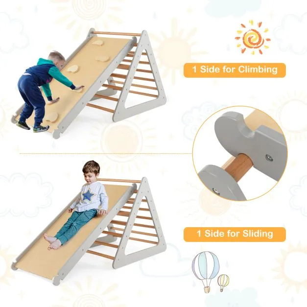 4-in-1 Deluxe Eco Montessori Pikler Triangle, Slide & Climbing Wall | Natural & Grey
