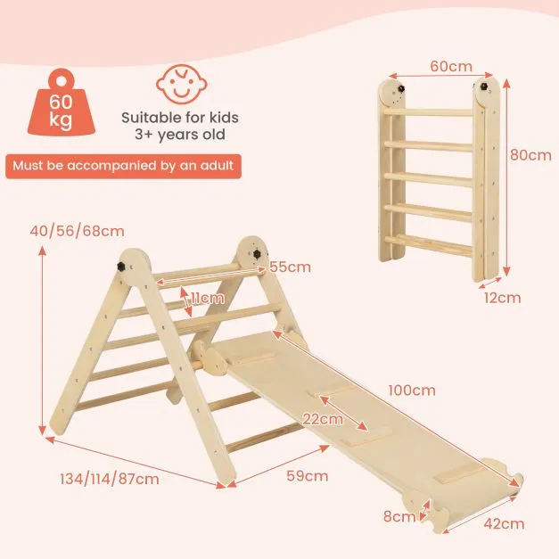 4-in-1 Eco Solid Wood Folding Climbing Frame | Montessori Pikler Triangle, Slide & Climber | 36m 