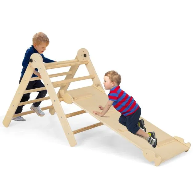 4-in-1 Eco Solid Wood Folding Climbing Frame | Montessori Pikler Triangle, Slide & Climber | 36m 