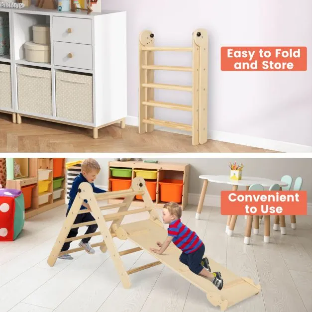 4-in-1 Eco Solid Wood Folding Climbing Frame | Montessori Pikler Triangle, Slide & Climber | 36m 