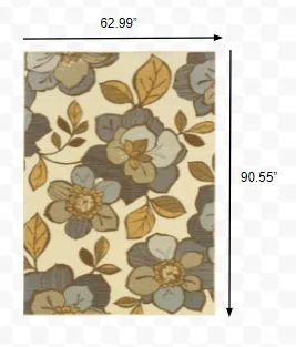5' x 8' Ivory Gray Large Floral Blooms Indoor Outdoor Area Rug