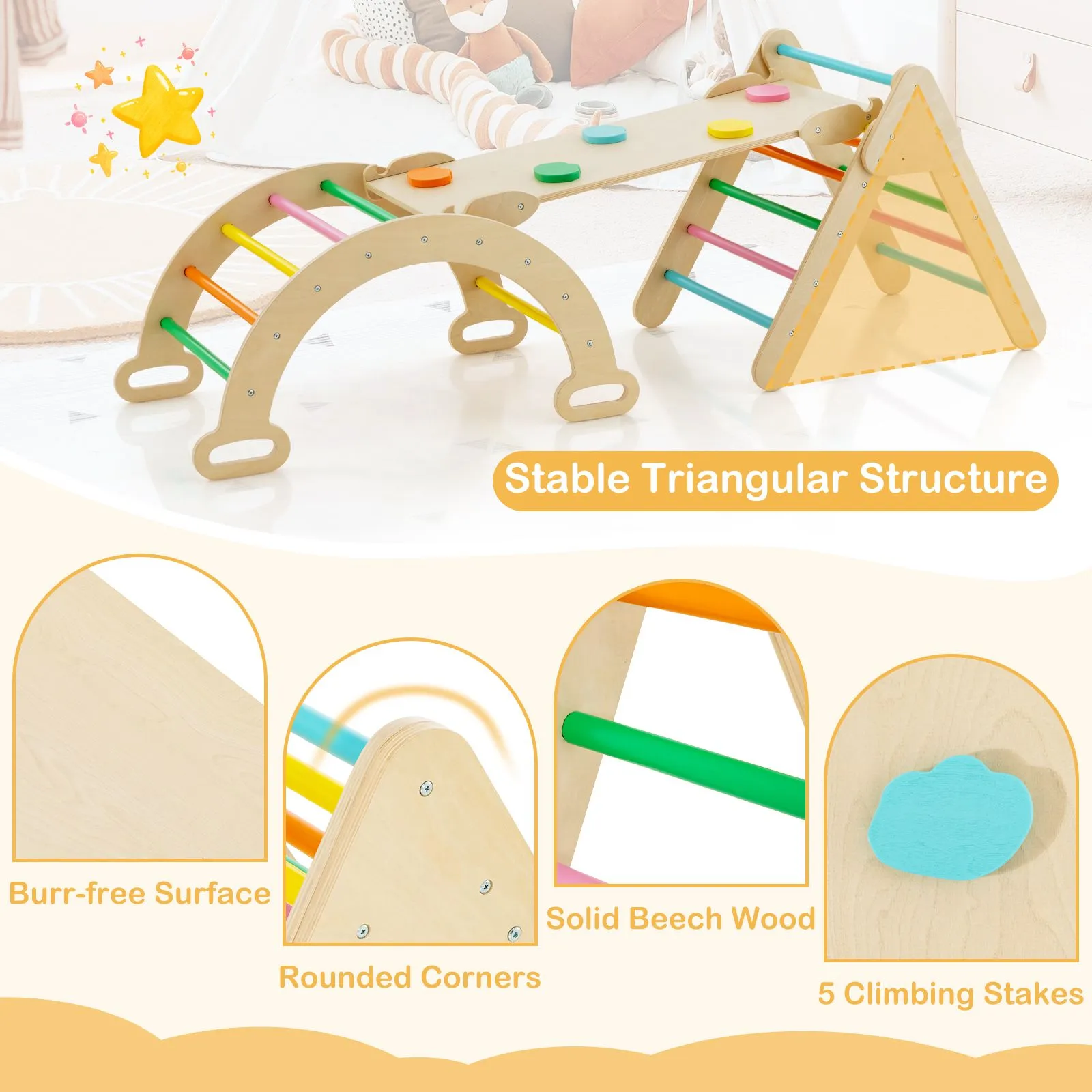 6-in-1 Eco Wood Climbing Frame | Montessori Pikler Set | Arch | Rocker | Slide | Climbing Triangle | Den