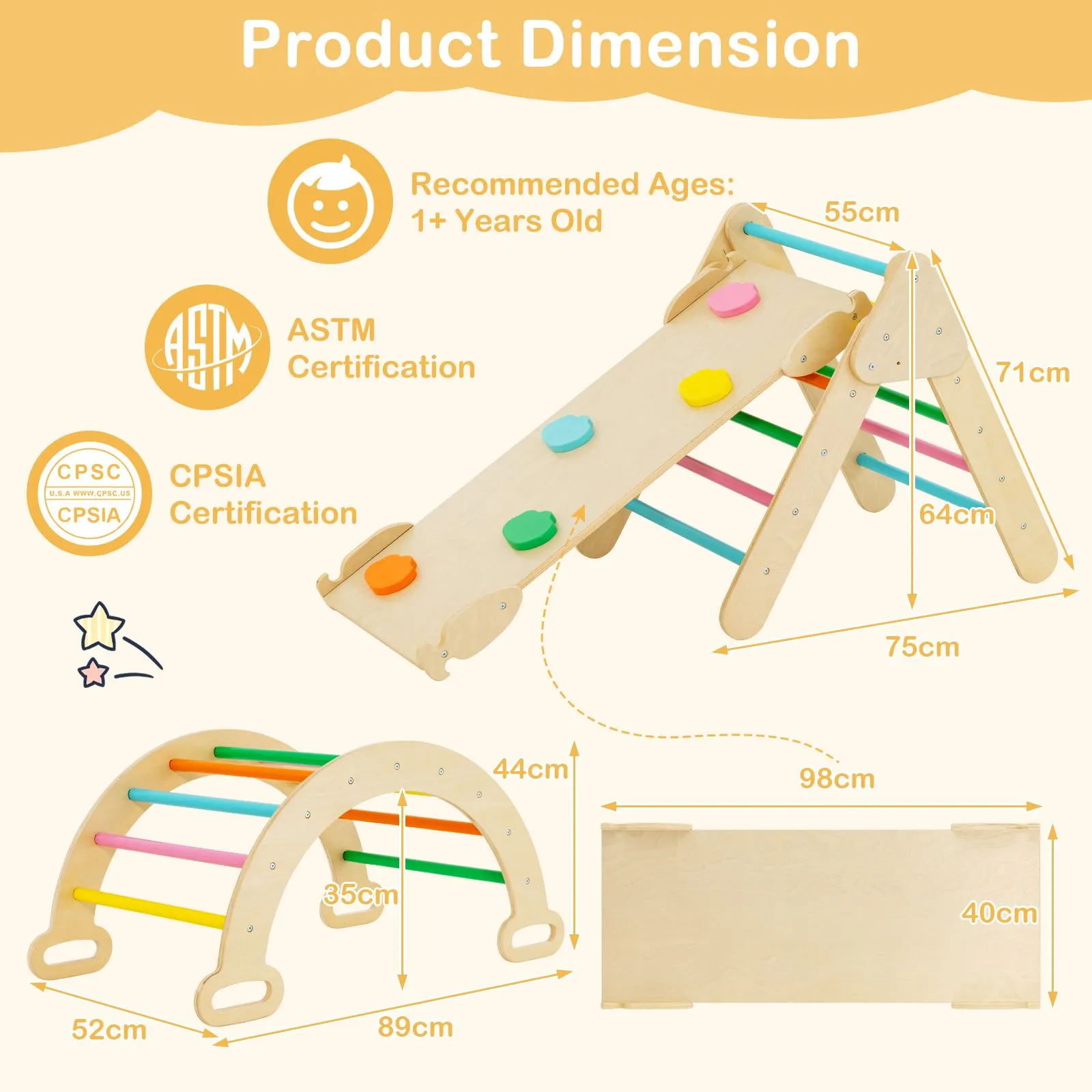 6-in-1 Eco Wood Climbing Frame | Montessori Pikler Set | Arch | Rocker | Slide | Climbing Triangle | Den
