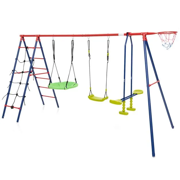 6-in-1 Heavy Duty Anti-Rust Pikler Swing Set | Climbing Ladder | Seesaw | Basketball Hoop | Red | 3-12 Years