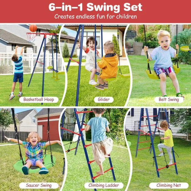 6-in-1 Heavy Duty Anti-Rust Pikler Swing Set | Climbing Ladder | Seesaw | Basketball Hoop | Red | 3-12 Years