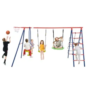 6-in-1 Heavy Duty Anti-Rust Pikler Swing Set | Climbing Ladder | Seesaw | Basketball Hoop | Red | 3-12 Years
