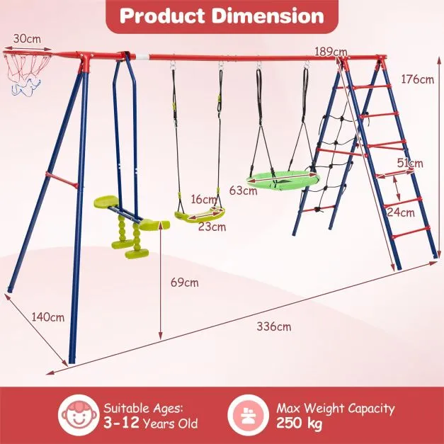 6-in-1 Heavy Duty Anti-Rust Pikler Swing Set | Climbing Ladder | Seesaw | Basketball Hoop | Red | 3-12 Years