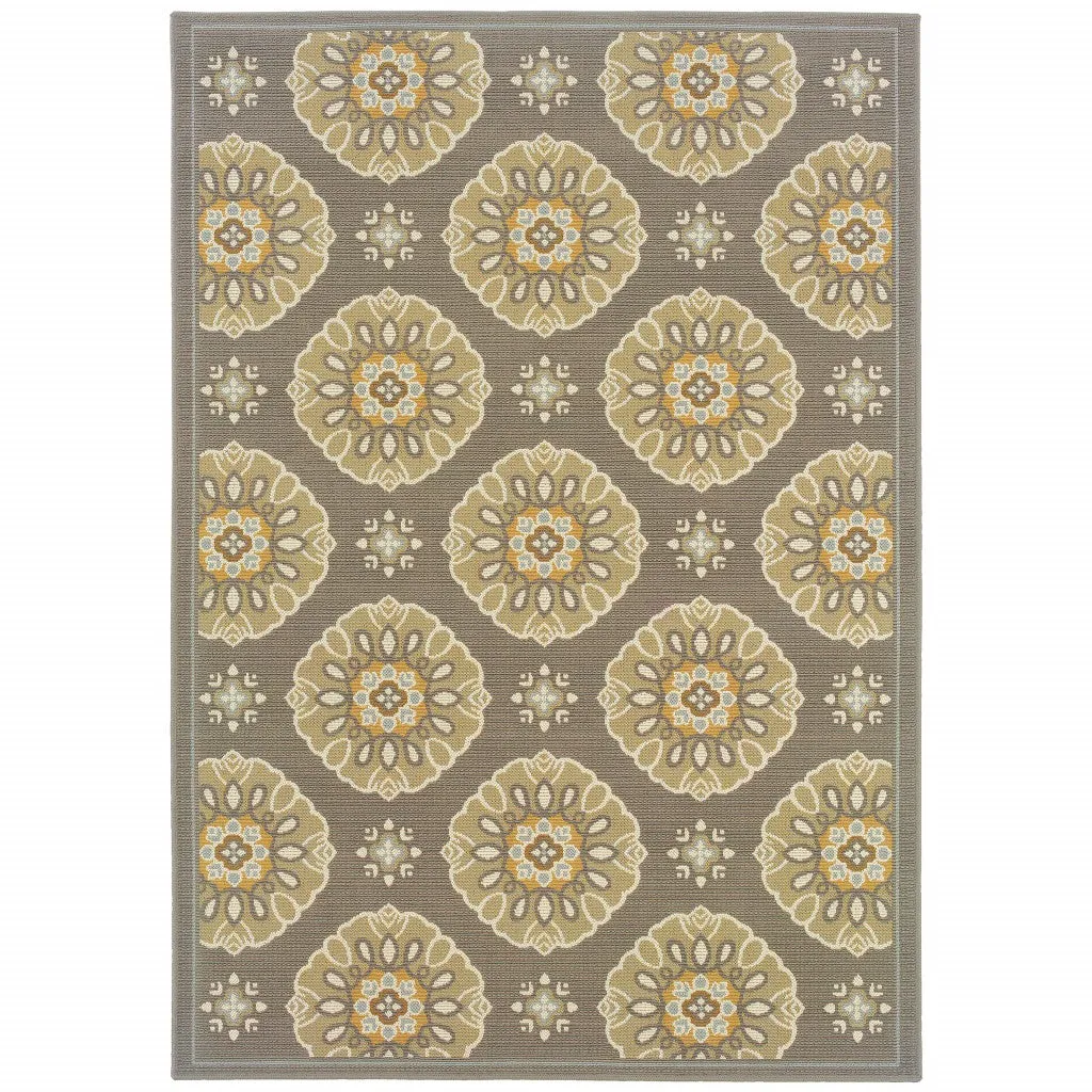 6' x 9' Grey Gold Floral Medallion Discs Indoor Outdoor Area Rug