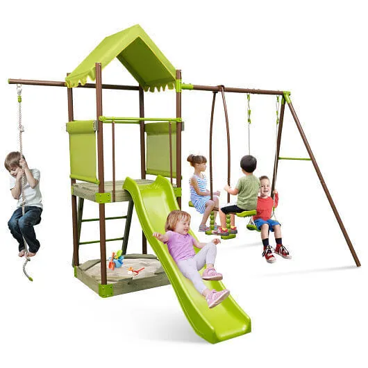 7-in-1 Kids Outdoor Metal Playset with Wave Slide and Climbing Rope-Green - Colo
