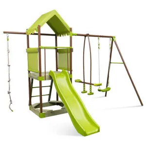 7-in-1 Kids Outdoor Metal Playset with Wave Slide and Climbing Rope-Green - Colo