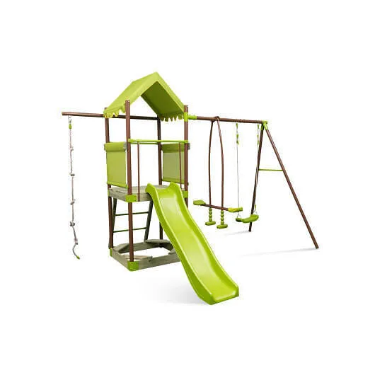 7-in-1 Kids Outdoor Metal Playset with Wave Slide and Climbing Rope-Green - Colo