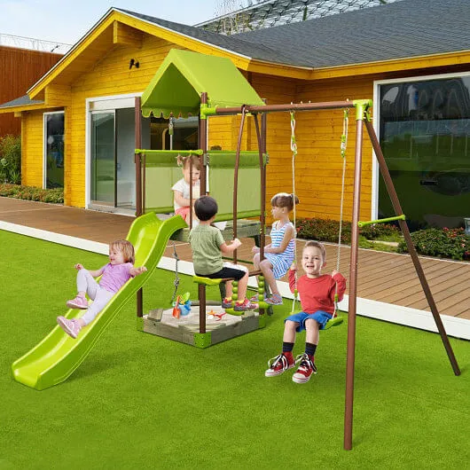 7-in-1 Kids Outdoor Metal Playset with Wave Slide and Climbing Rope-Green - Colo