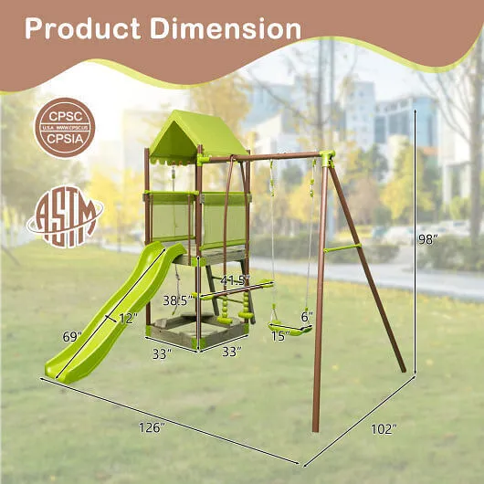 7-in-1 Kids Outdoor Metal Playset with Wave Slide and Climbing Rope-Green - Colo