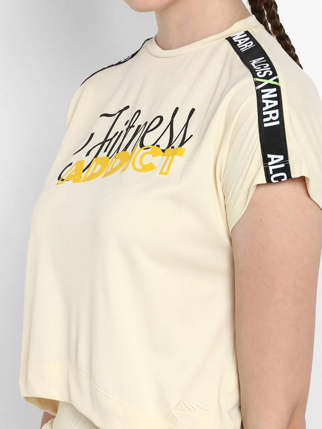 Alcis Women Cream-Coloured Black Printed Round Neck T-shirt