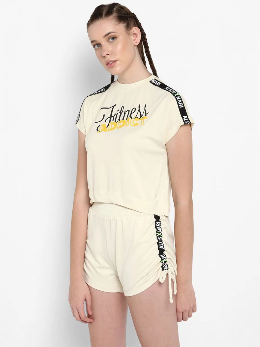 Alcis Women Cream-Coloured Black Printed Round Neck T-shirt