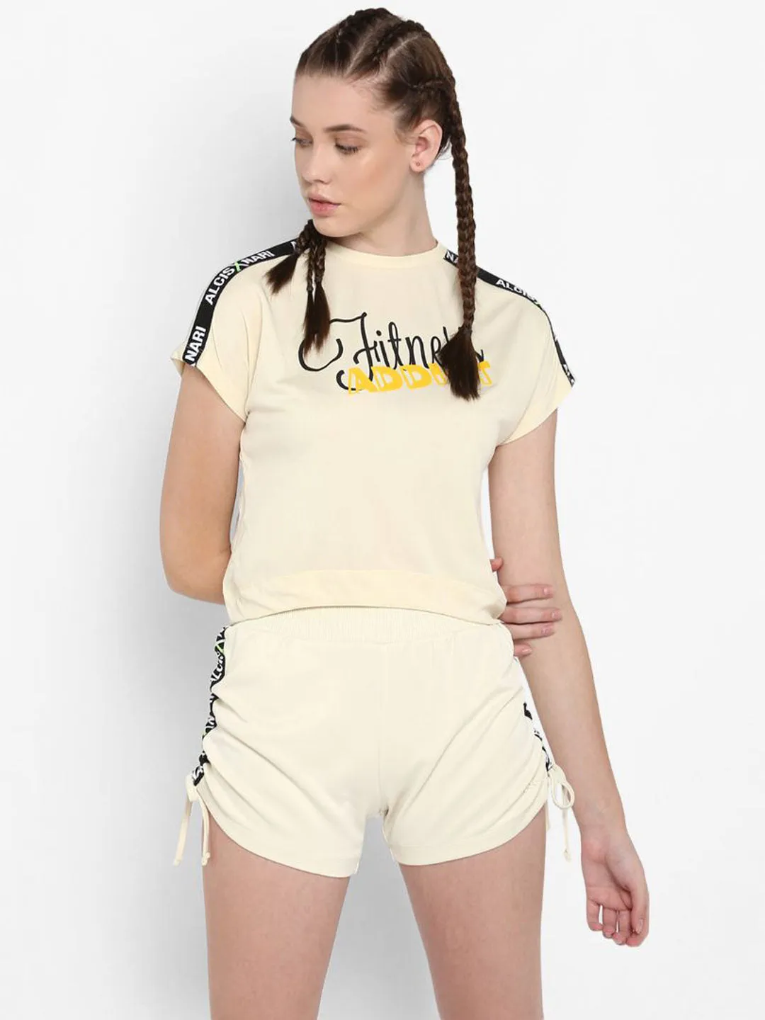 Alcis Women Cream-Coloured Black Printed Round Neck T-shirt
