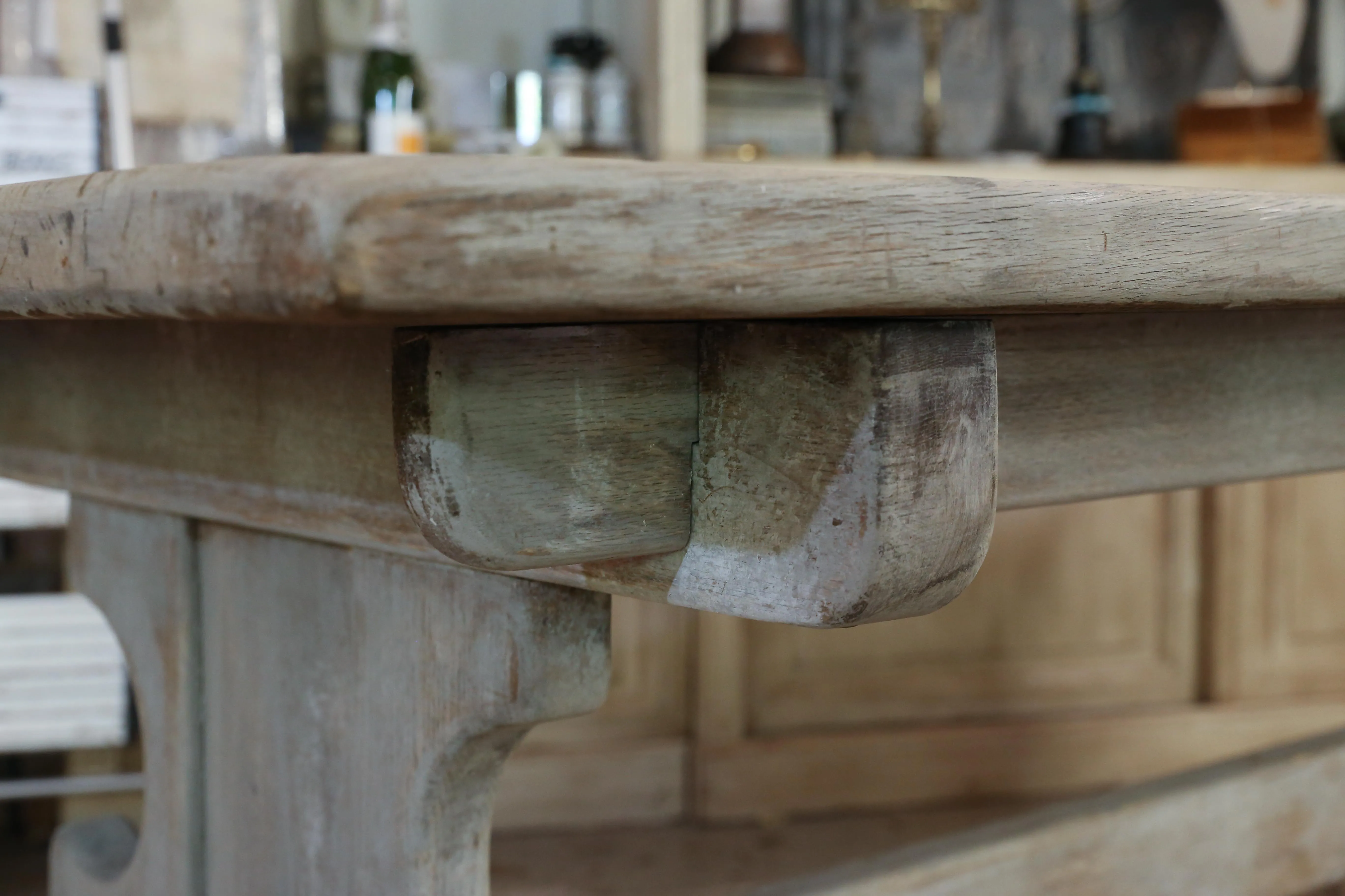 Antique Belgian Oak Trestle Dining Table in Greige Wash