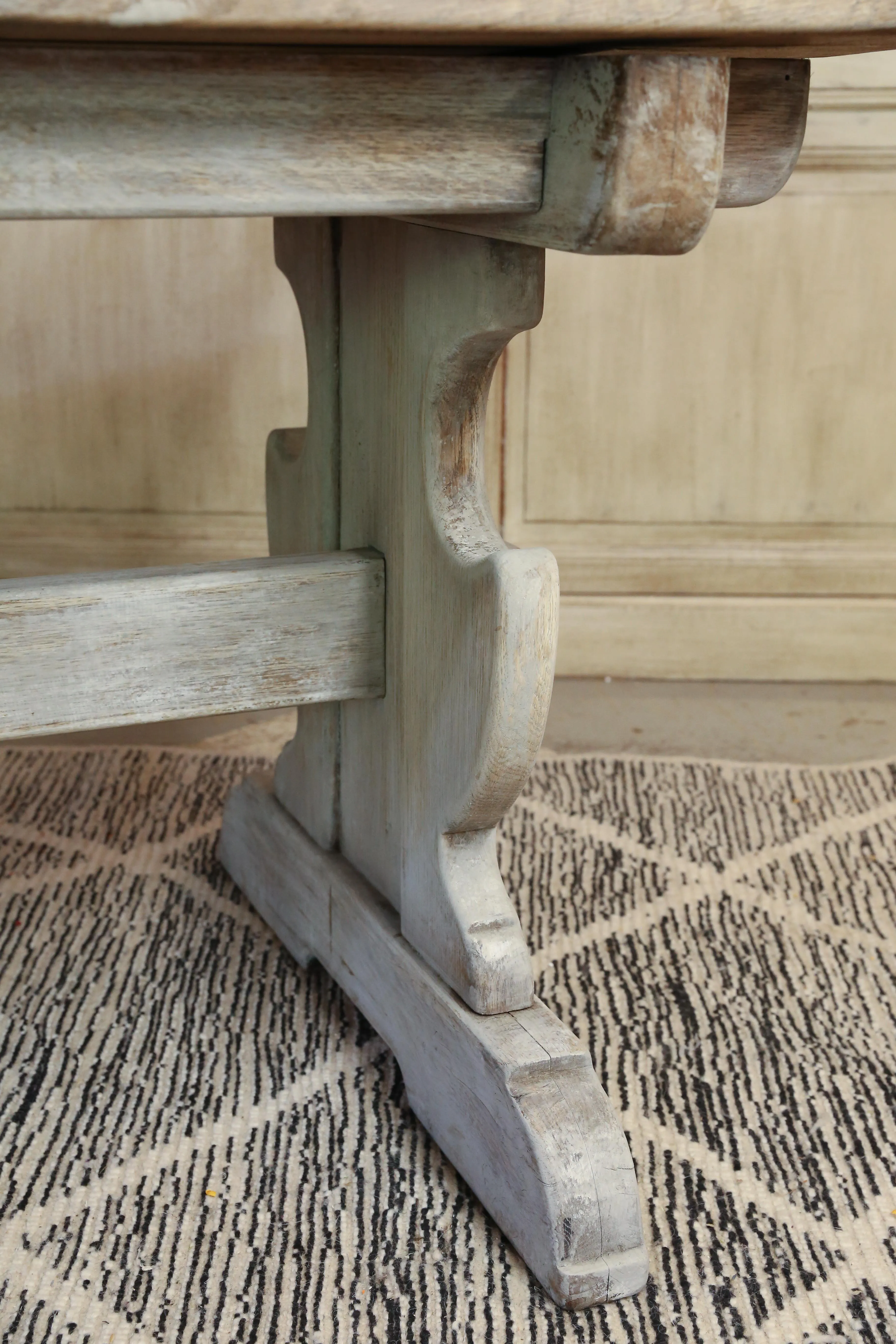 Antique Belgian Oak Trestle Dining Table in Greige Wash