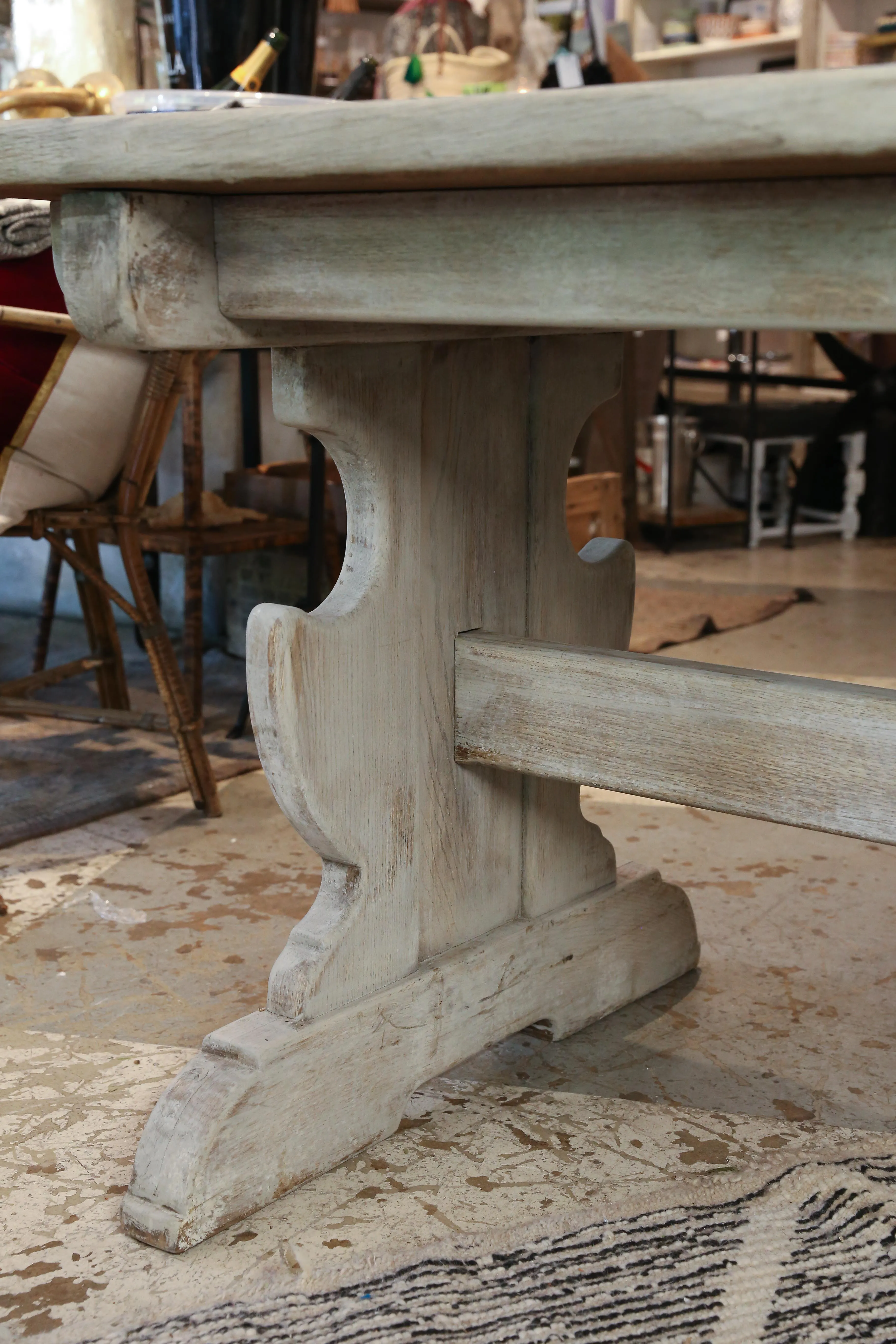 Antique Belgian Oak Trestle Dining Table in Greige Wash