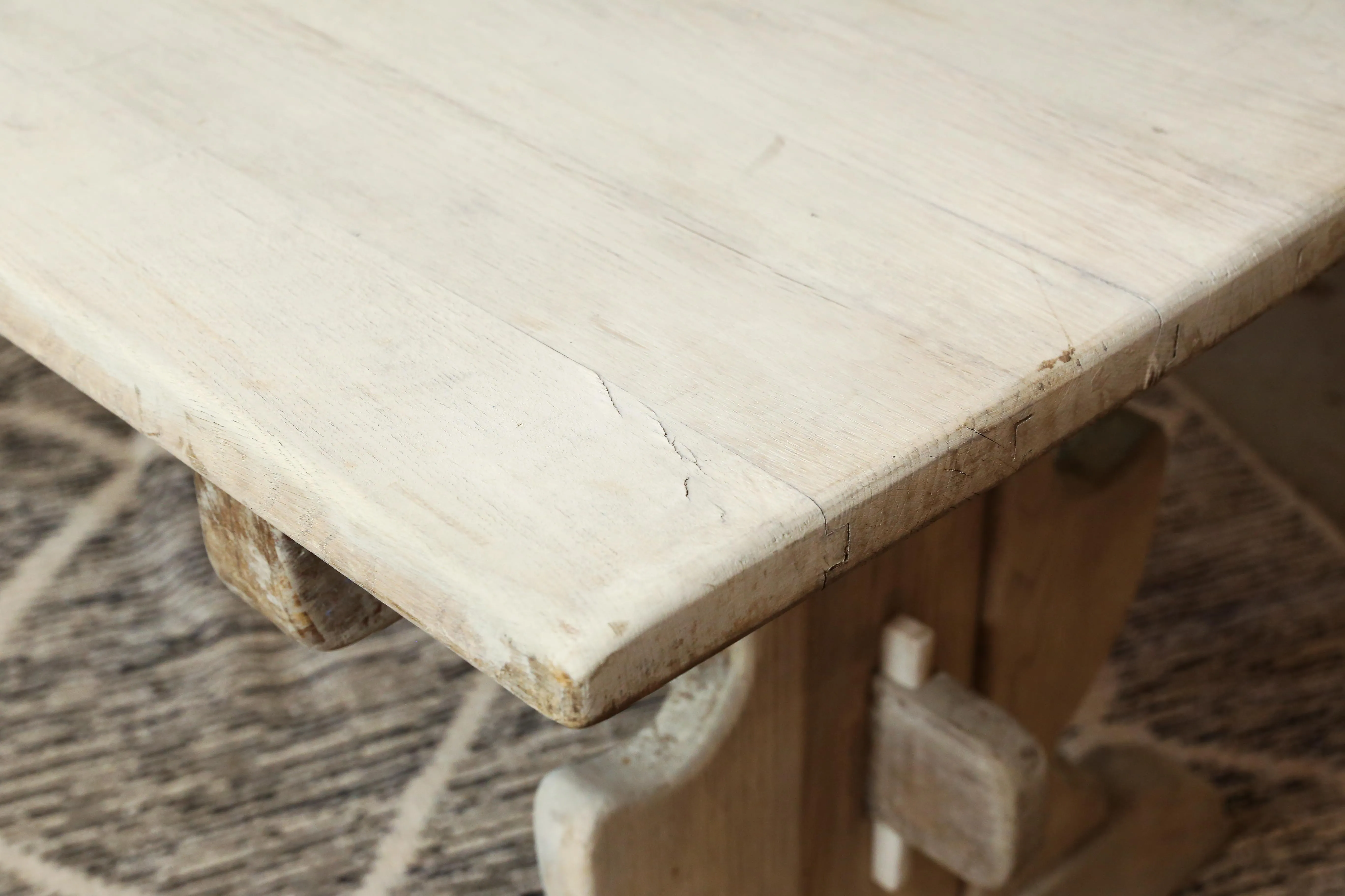 Antique Belgian Oak Trestle Dining Table in Greige Wash