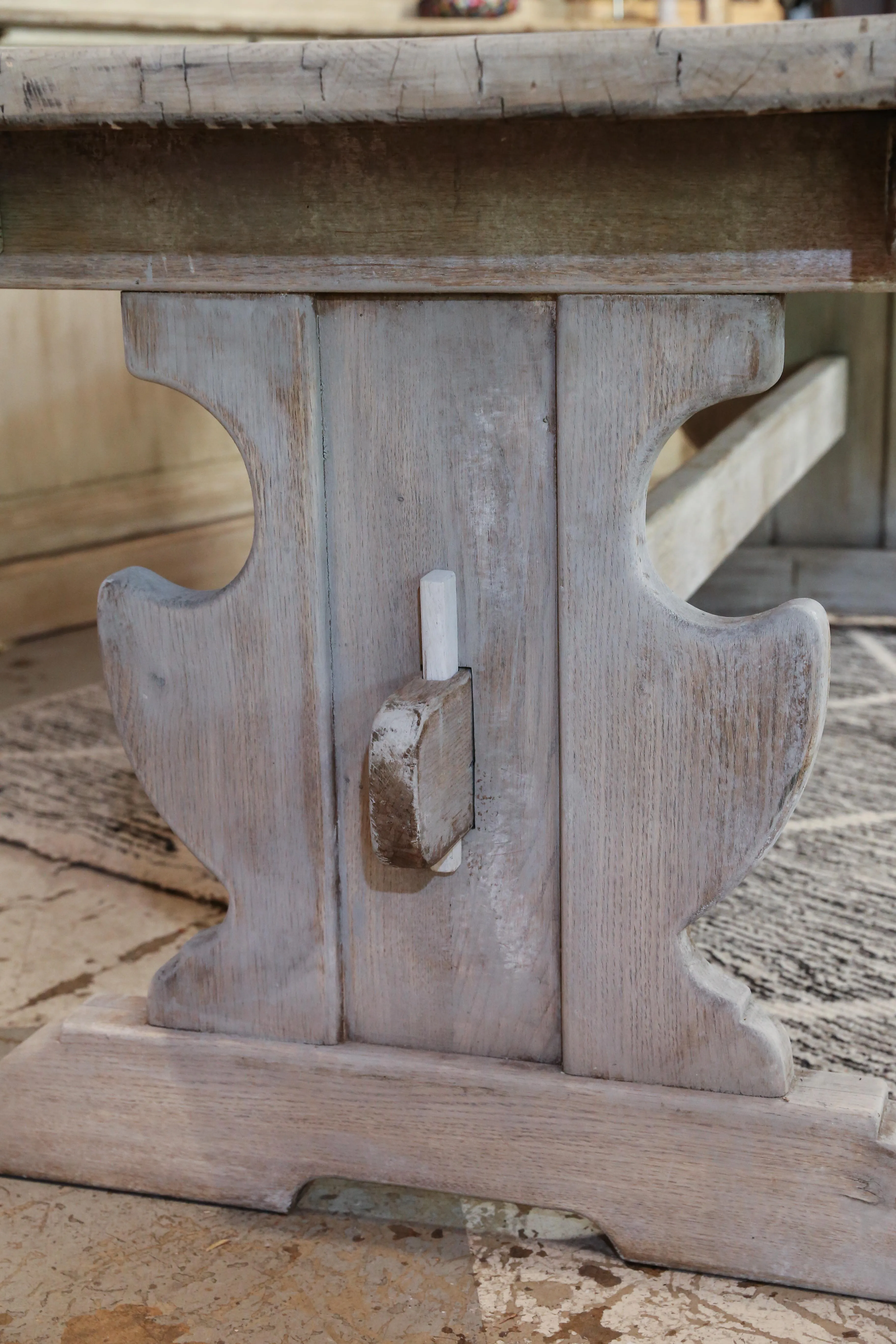 Antique Belgian Oak Trestle Dining Table in Greige Wash