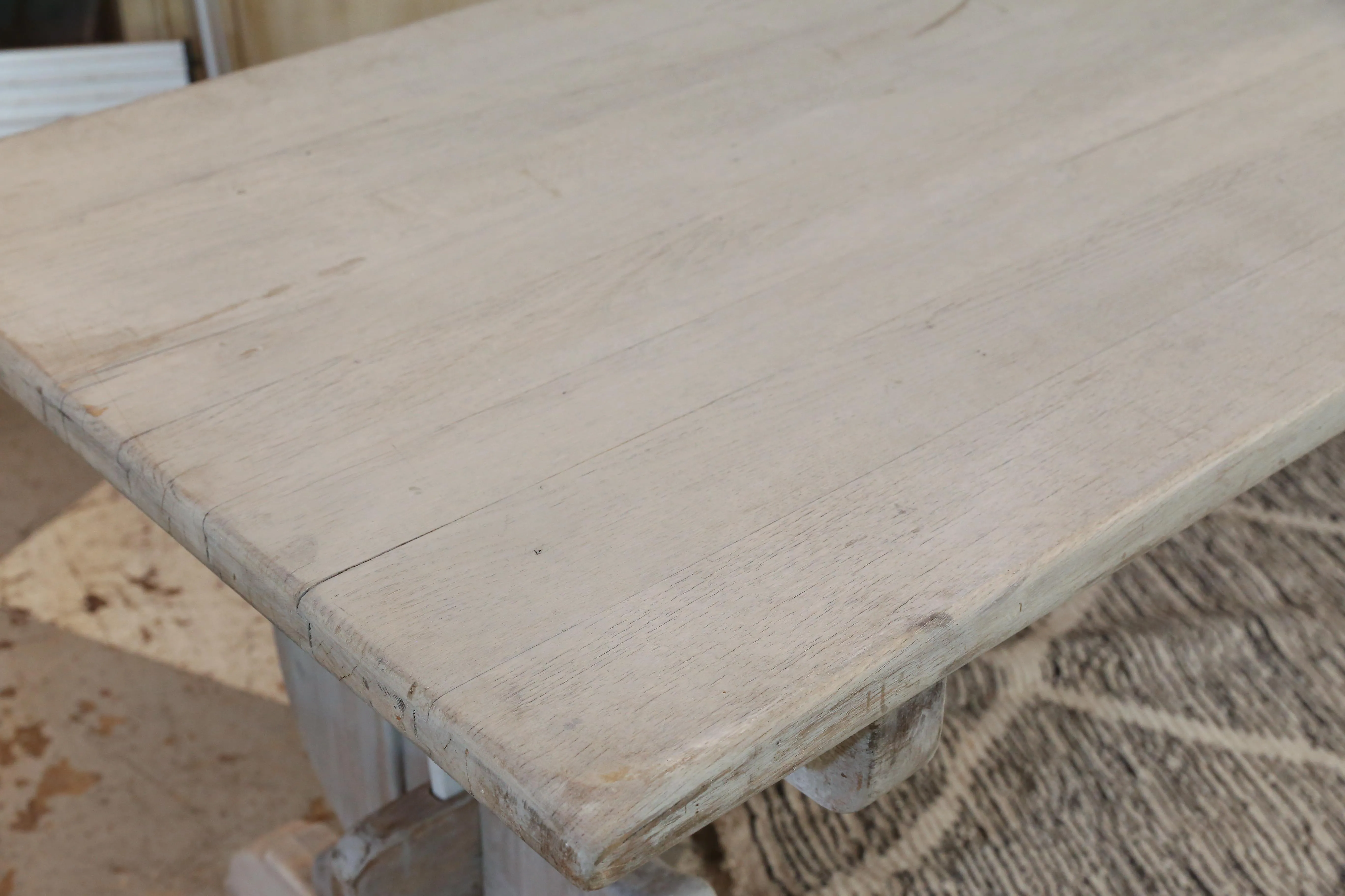 Antique Belgian Oak Trestle Dining Table in Greige Wash