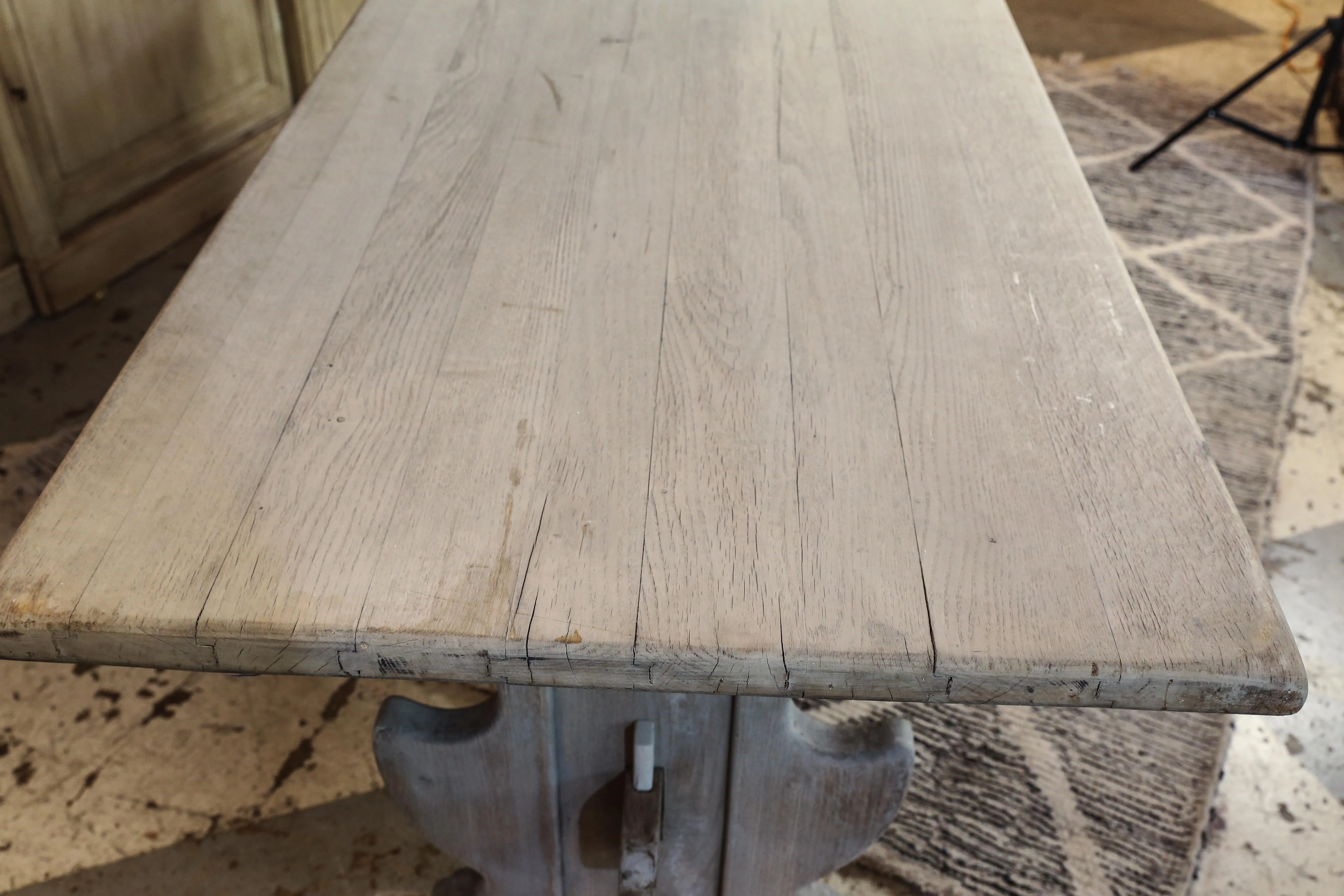 Antique Belgian Oak Trestle Dining Table in Greige Wash