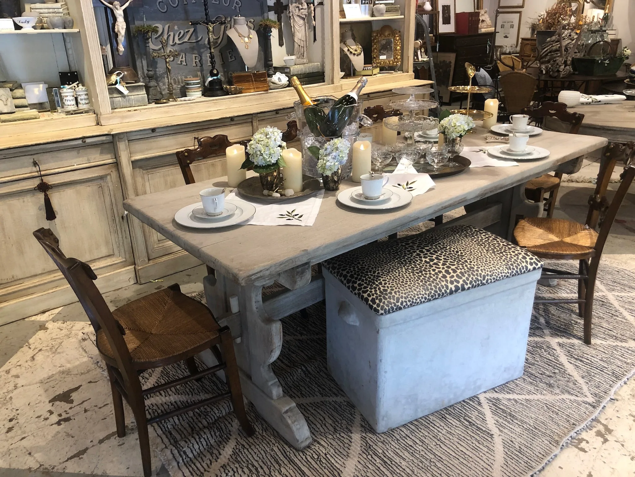 Antique Belgian Oak Trestle Dining Table in Greige Wash