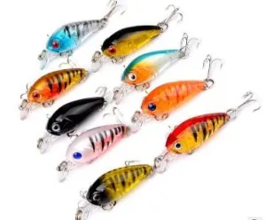 Ashata 9 Pieces/bag Plastic Fishing Lures Hook Bass Small Fat Crankbait Tackle 4.5cm/4g, nine different colors, crankbait kit set