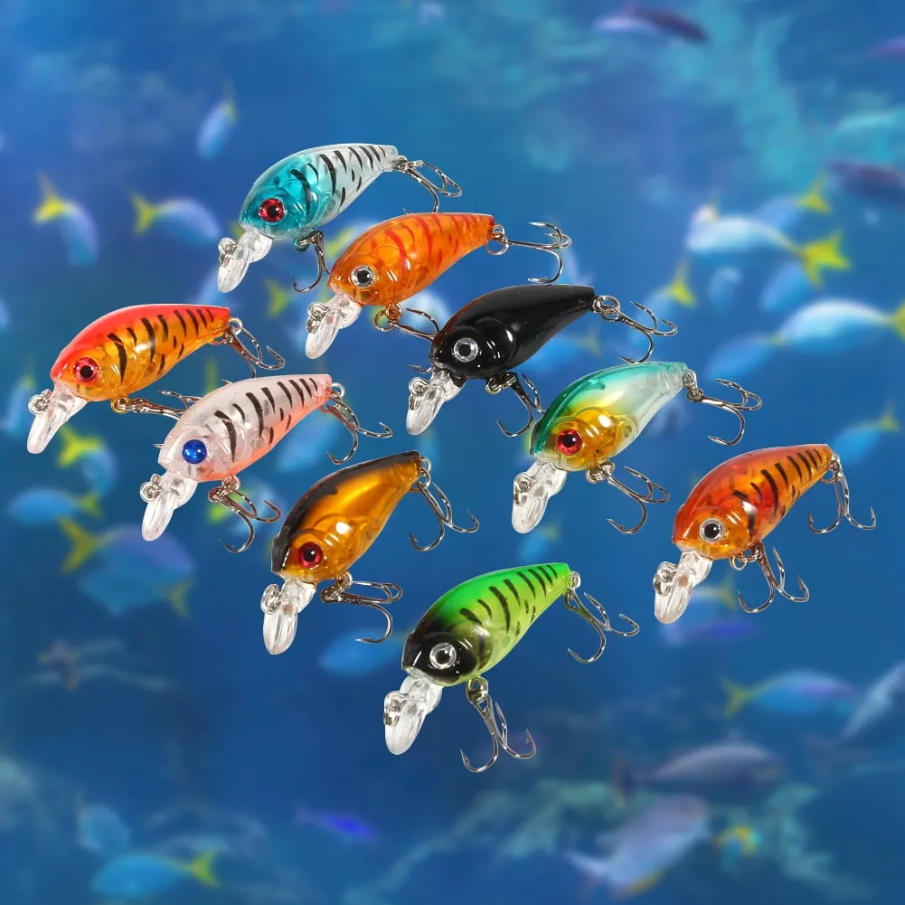 Ashata 9 Pieces/bag Plastic Fishing Lures Hook Bass Small Fat Crankbait Tackle 4.5cm/4g, nine different colors, crankbait kit set