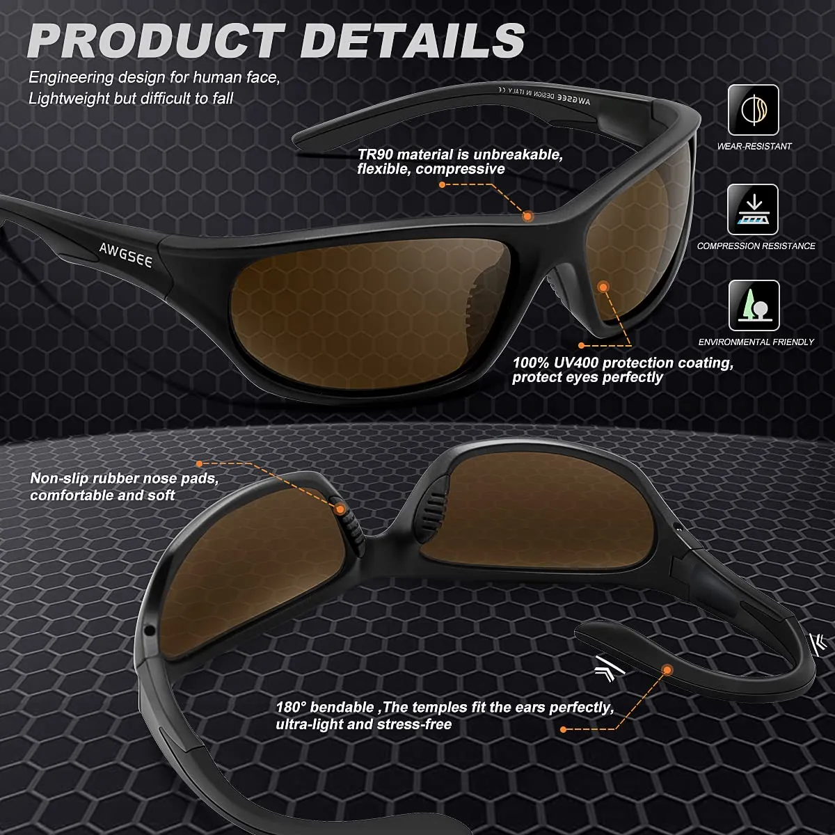 AWGSEE Polarized Sports Sunglasses for Men,TR90 Unbreakable Frame Sunglasses for Fishing Driving Cycling UV400 Protection