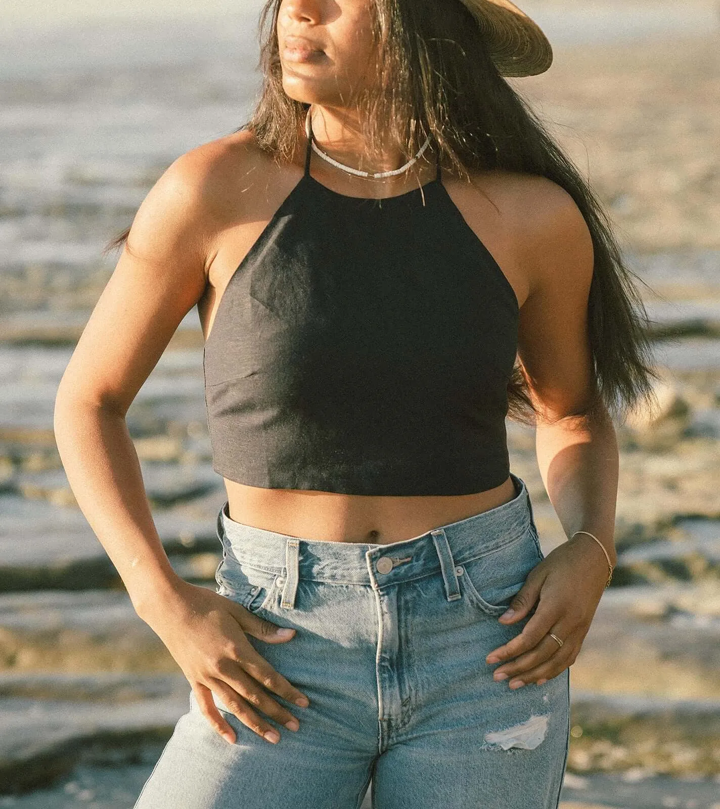 Azure Linen Blend Halter Top Navy