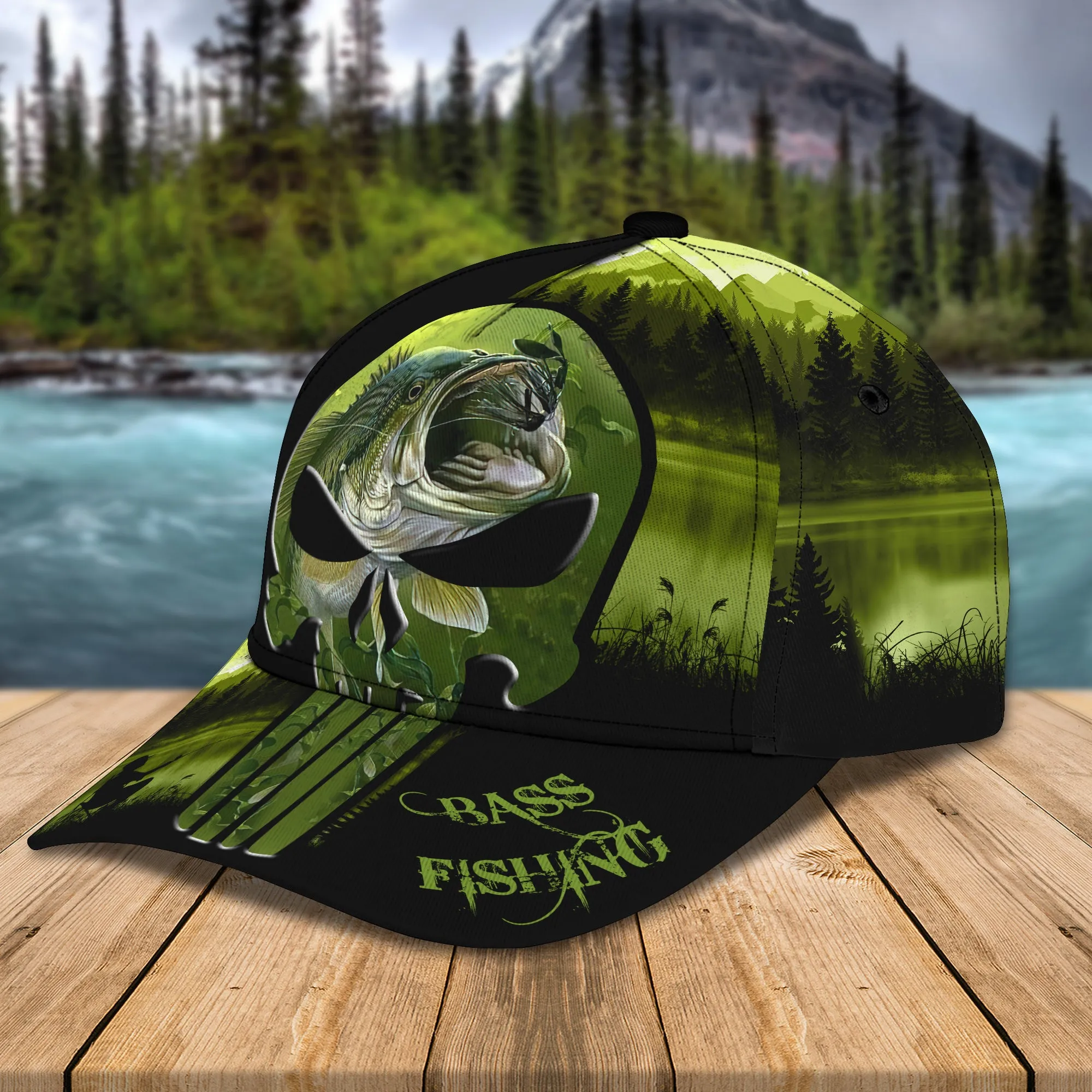 Bass Fishing- Skull- Personalized Name Cap 20 - Lta98
