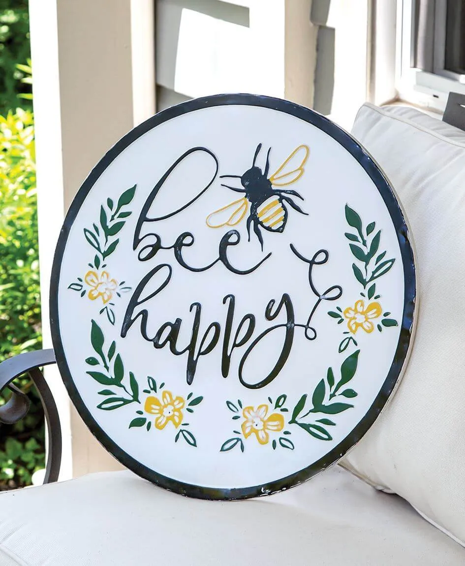 Bee Happy Distressed Enamel Sign