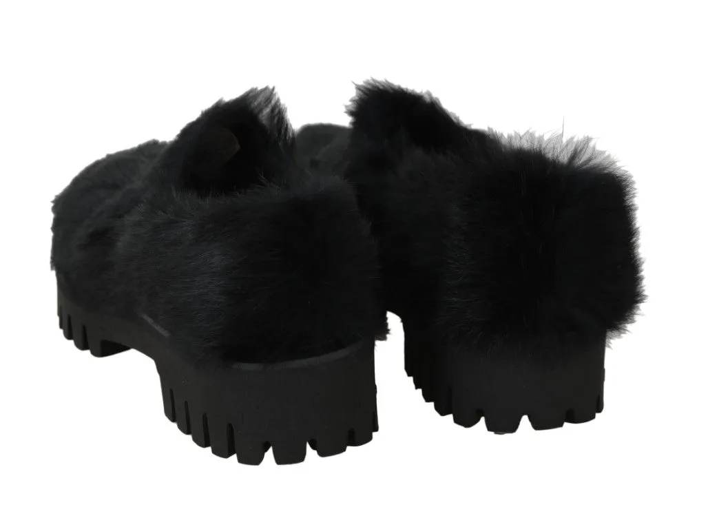 Black Lapin Fur Slippers Loafers