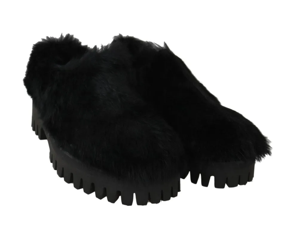 Black Lapin Fur Slippers Loafers