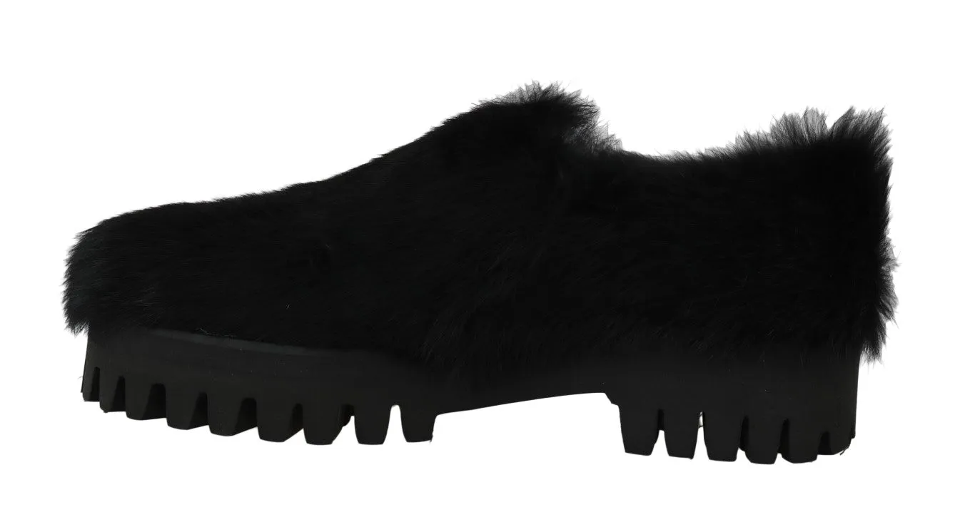 Black Lapin Fur Slippers Loafers