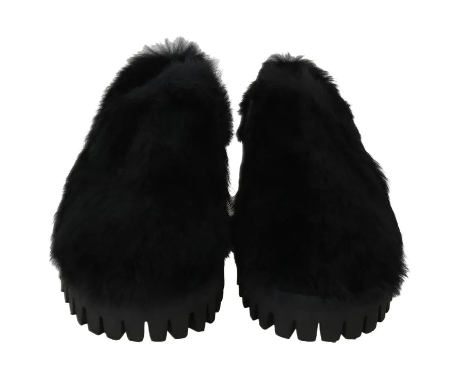 Black Lapin Fur Slippers Loafers