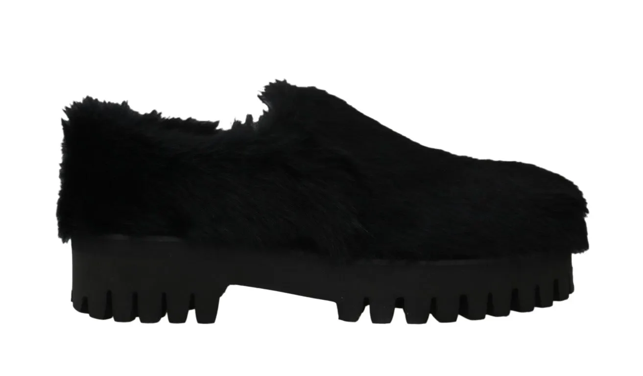 Black Lapin Fur Slippers Loafers