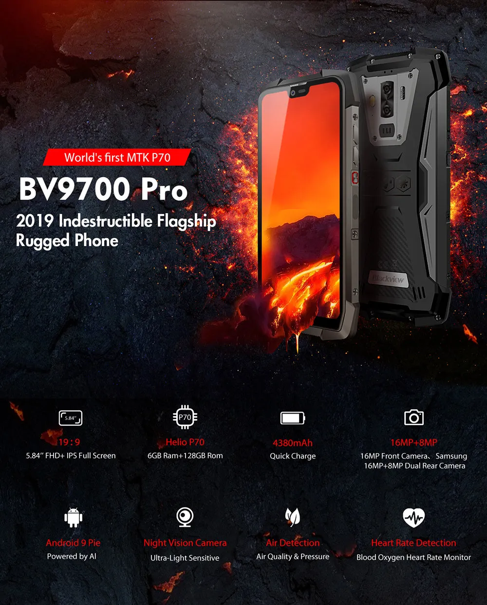 Blackview BV9700 Pro Waterproof IP68 Outdoor Smartphone Helio P70 6GB 128GB Android 9.0 With Night Vision Camera